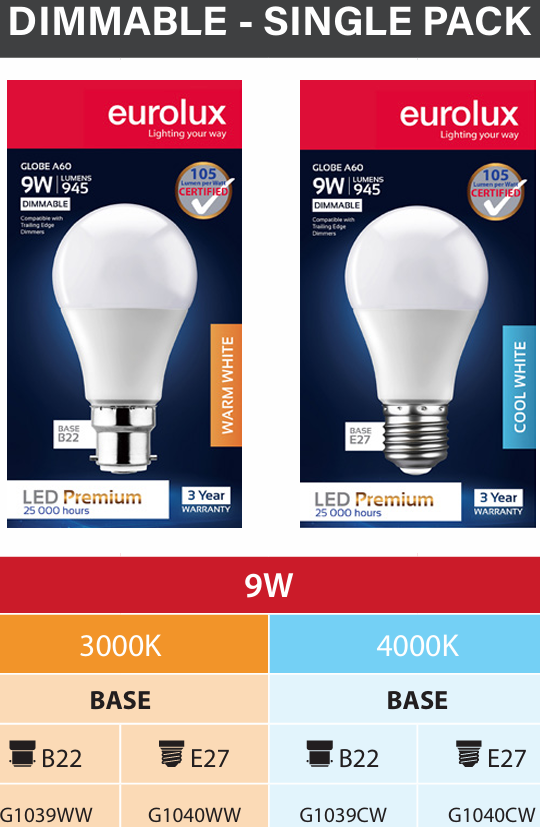 A60 Premium 9w LED E27 3000K Dimmable